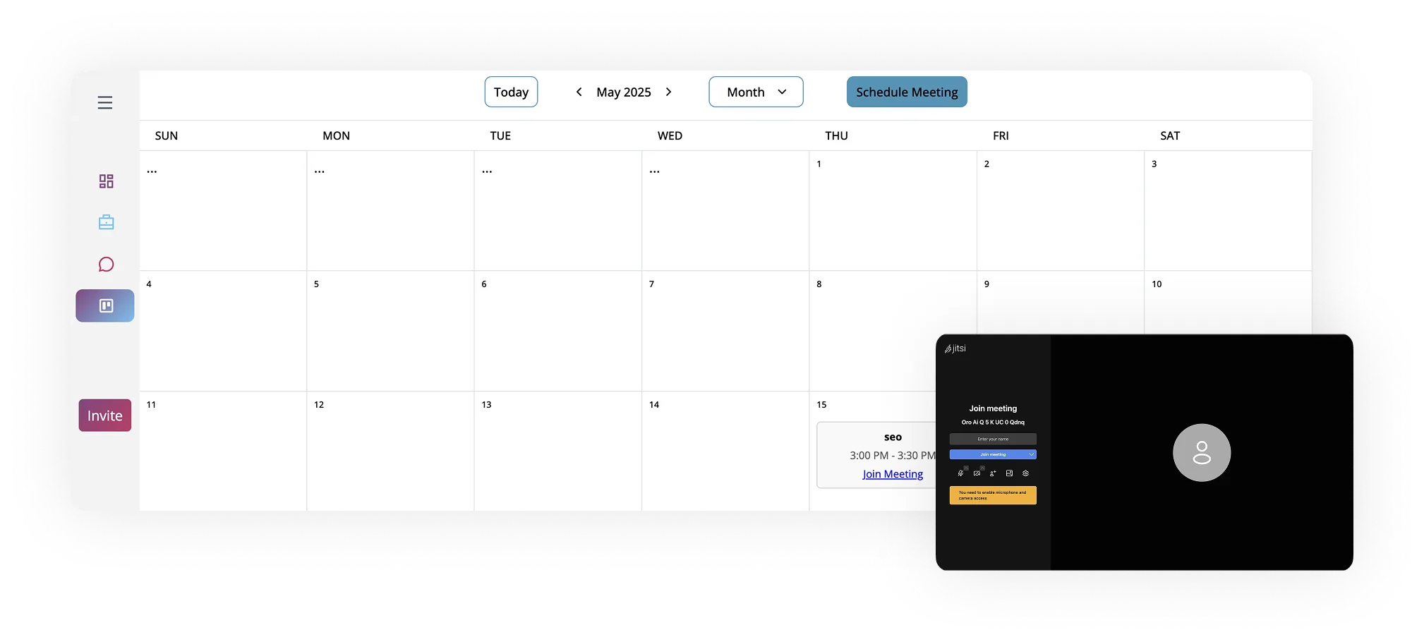 AI meeting scheduler interface displaying a calendar view with options to schedule meetings, invite participants, and join a video call.